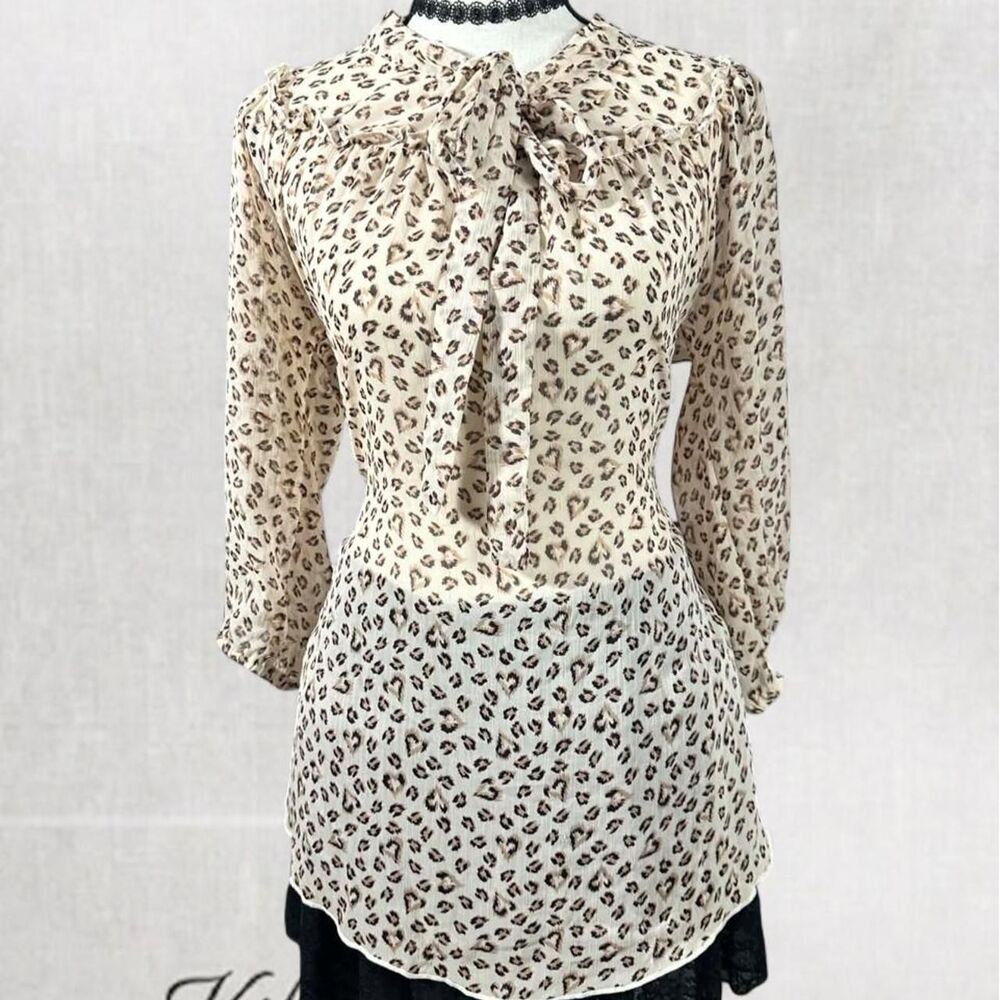 Office Chic Pin Up Vintage Style Leopard Print Tie Front 3/4 Sleeve Blouse